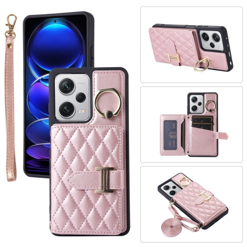 

For Xiaomi Redmi Note 12 Pro 5G Horizontal Card Bag Ring Holder Phone Case with Dual Lanyard(Rose Gold)