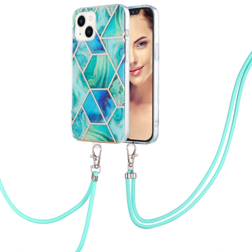 

For iPhone 15 Electroplating Splicing Marble Pattern IMD TPU Shockproof Case with Neck Lanyard(Green)