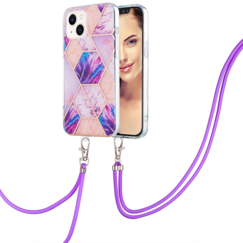 

For iPhone 15 Plus Electroplating Splicing Marble Pattern IMD TPU Shockproof Case with Neck Lanyard(Light Purple)