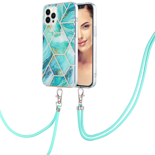 

For iPhone 15 Pro Electroplating Splicing Marble Pattern IMD TPU Shockproof Case with Neck Lanyard(Blue)