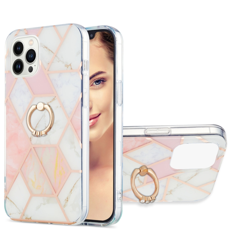 

For iPhone 15 Pro Max Electroplating Splicing Marble Pattern IMD TPU Shockproof Case with Ring Holder(Pink White)