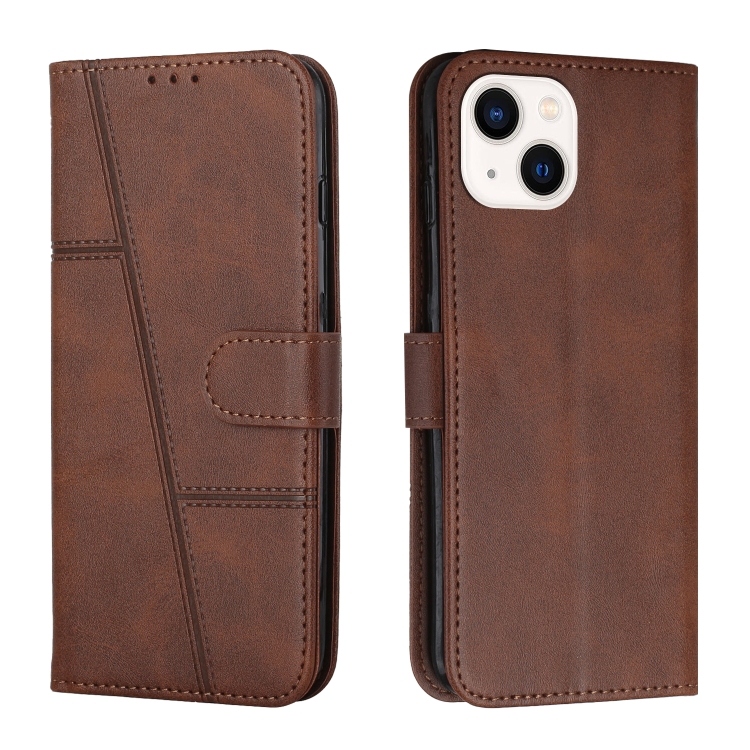 

For iPhone 15 Plus Stitching Calf Texture Buckle Leather Phone Case(Brown)