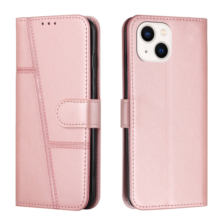 

For iPhone 15 Plus Stitching Calf Texture Buckle Leather Phone Case(Rose Gold)
