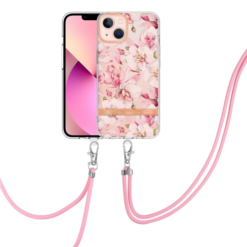 

For iPhone 15 Flowers and Plants Series IMD TPU Phone Case with Lanyard(Pink Gardenia)