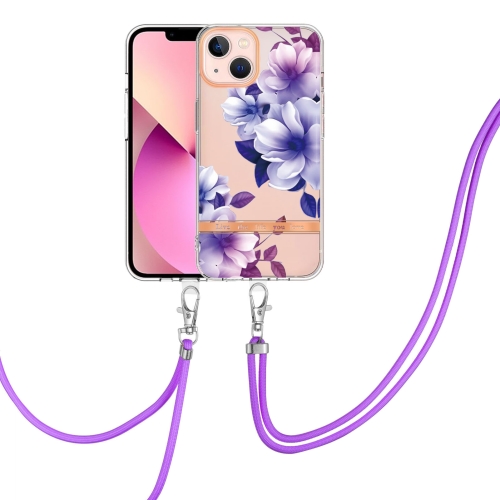 

For iPhone 15 Plus Flowers and Plants Series IMD TPU Phone Case with Lanyard(Purple Begonia)