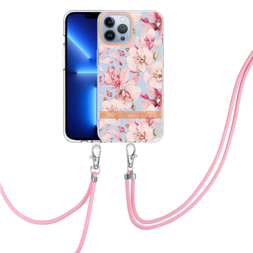 

For iPhone 15 Pro Flowers and Plants Series IMD TPU Phone Case with Lanyard(Green Gardenia)