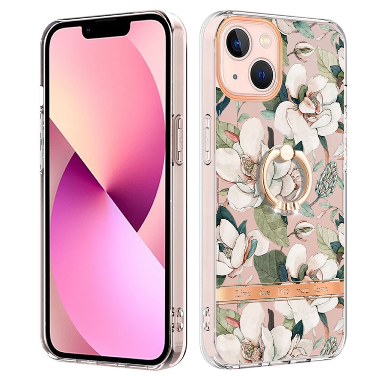 

For iPhone 15 Ring IMD Flowers TPU Phone Case(Green Gardenia)