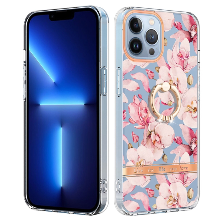 

For iPhone 15 Pro Ring IMD Flowers TPU Phone Case(Pink Gardenia)