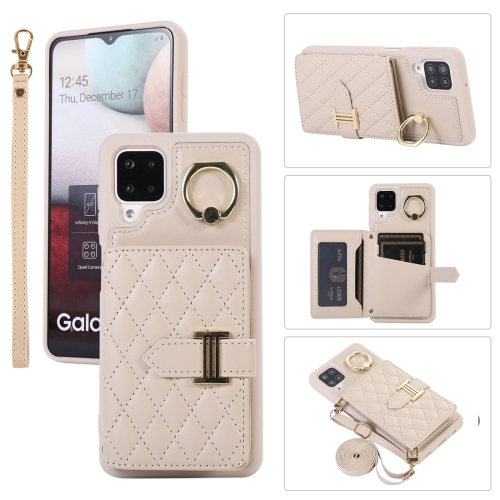 

For Samsung Galaxy A12 Horizontal Card Bag Ring Holder Phone Case with Dual Lanyard(Beige)