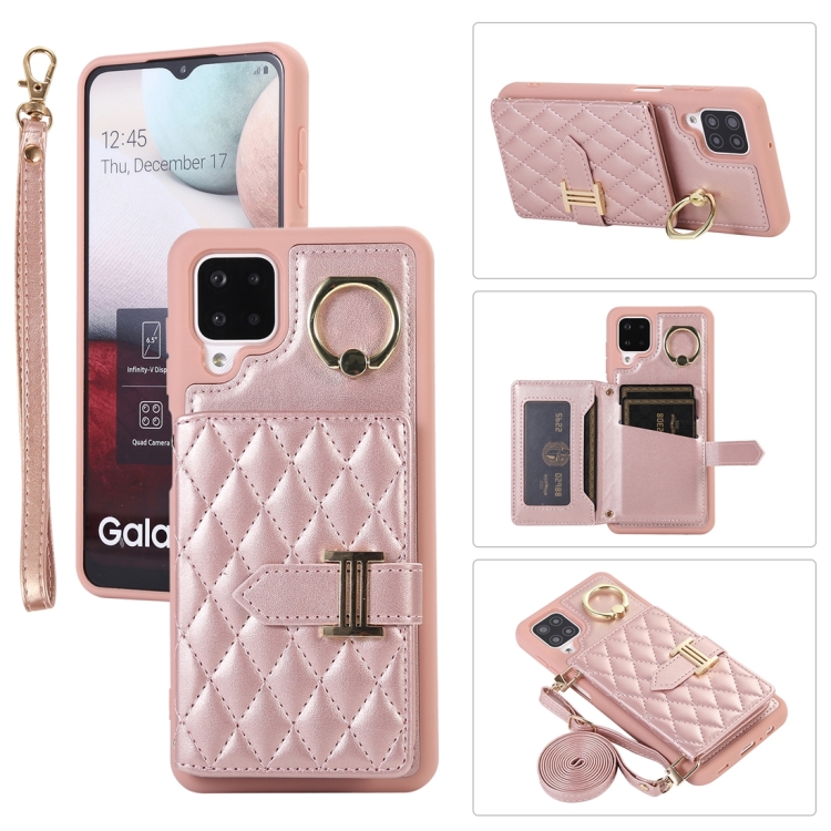

For Samsung Galaxy A12 Horizontal Card Bag Ring Holder Phone Case with Dual Lanyard(Rose Gold)