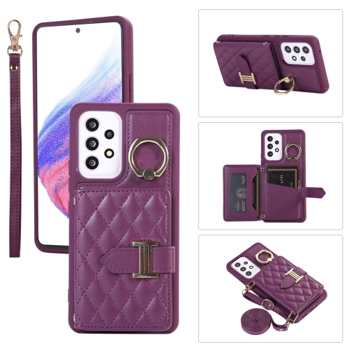 

For Samsung Galaxy A52 5G Horizontal Card Bag Ring Holder Phone Case with Dual Lanyard(Dark Purple)