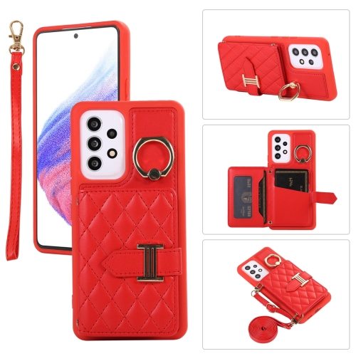 

For Samsung Galaxy A52 5G Horizontal Card Bag Ring Holder Phone Case with Dual Lanyard(Red)