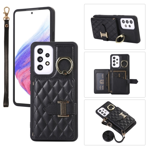 

For Samsung Galaxy A52 5G Horizontal Card Bag Ring Holder Phone Case with Dual Lanyard(Black)