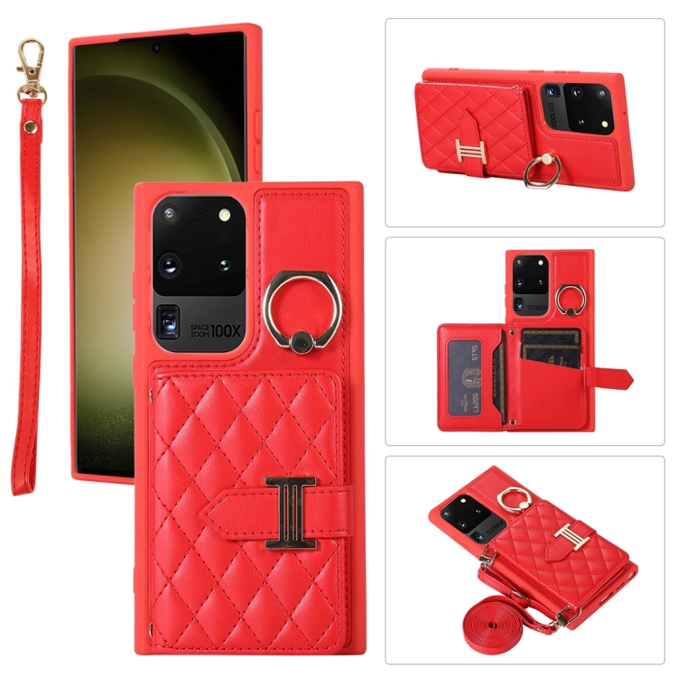 

For Samsung Galaxy S20 Ultra Horizontal Card Bag Ring Holder Phone Case with Dual Lanyard(Red)