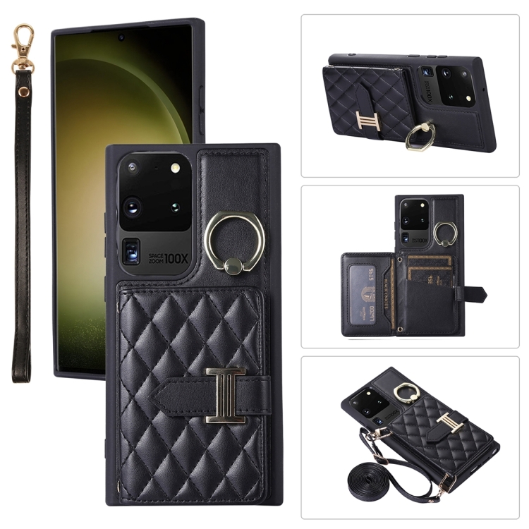 

For Samsung Galaxy S20 Ultra Horizontal Card Bag Ring Holder Phone Case with Dual Lanyard(Black)