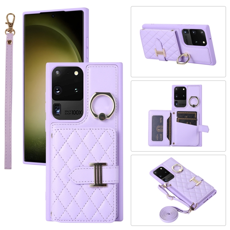 

For Samsung Galaxy S20 Ultra Horizontal Card Bag Ring Holder Phone Case with Dual Lanyard(Purple)