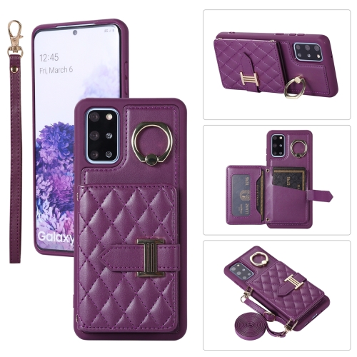 

For Samsung Galaxy S20+ Horizontal Card Bag Ring Holder Phone Case with Dual Lanyard(Dark Purple)