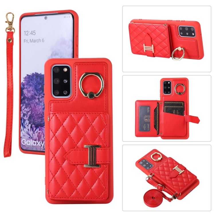 

For Samsung Galaxy S20+ Horizontal Card Bag Ring Holder Phone Case with Dual Lanyard(Red)
