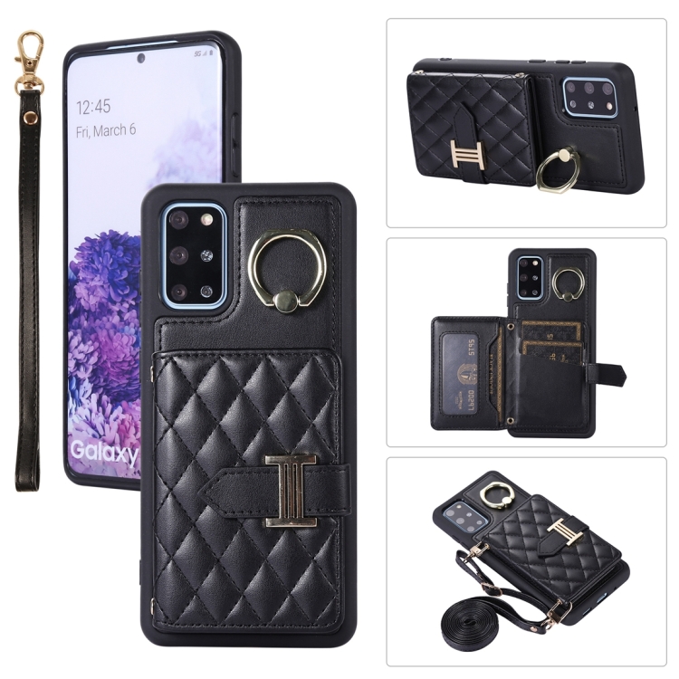 

For Samsung Galaxy S20+ Horizontal Card Bag Ring Holder Phone Case with Dual Lanyard(Black)