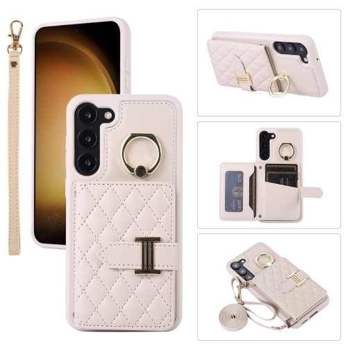 

For Samsung Galaxy S21 5G Horizontal Card Bag Ring Holder Phone Case with Dual Lanyard(Beige)