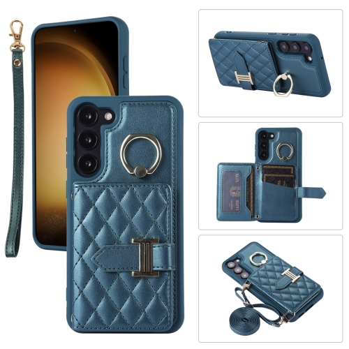 

For Samsung Galaxy S21 FE 5G Horizontal Card Bag Ring Holder Phone Case with Dual Lanyard(Dark Green)