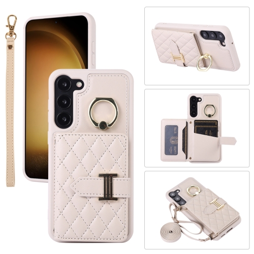 

For Samsung Galaxy S22 5G Horizontal Card Bag Ring Holder Phone Case with Dual Lanyard(Beige)