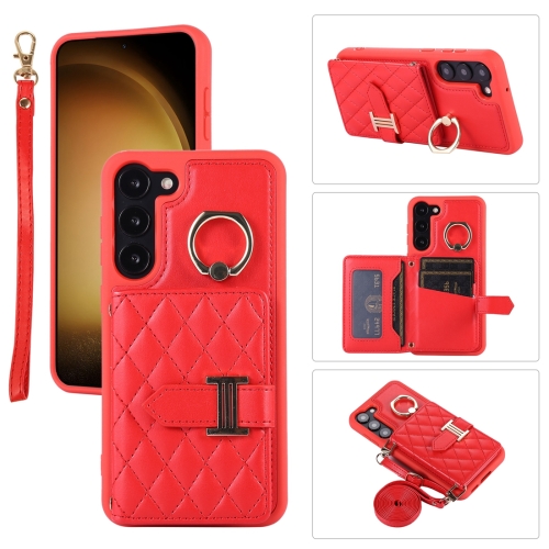 

For Samsung Galaxy S22 5G Horizontal Card Bag Ring Holder Phone Case with Dual Lanyard(Red)