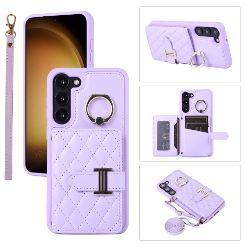 

For Samsung Galaxy S22 5G Horizontal Card Bag Ring Holder Phone Case with Dual Lanyard(Purple)