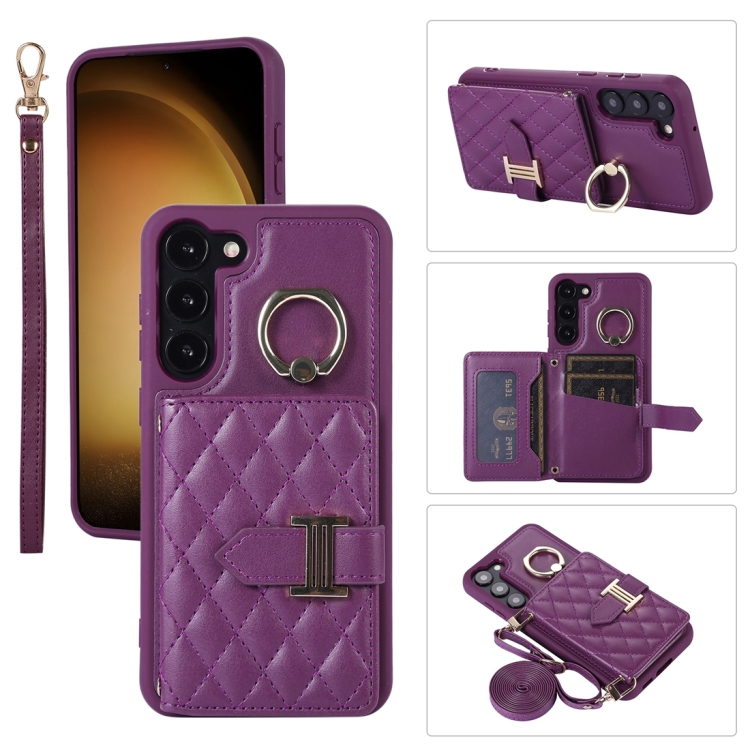 

For Samsung Galaxy S23 5G Horizontal Card Bag Ring Holder Phone Case with Dual Lanyard(Dark Purple)