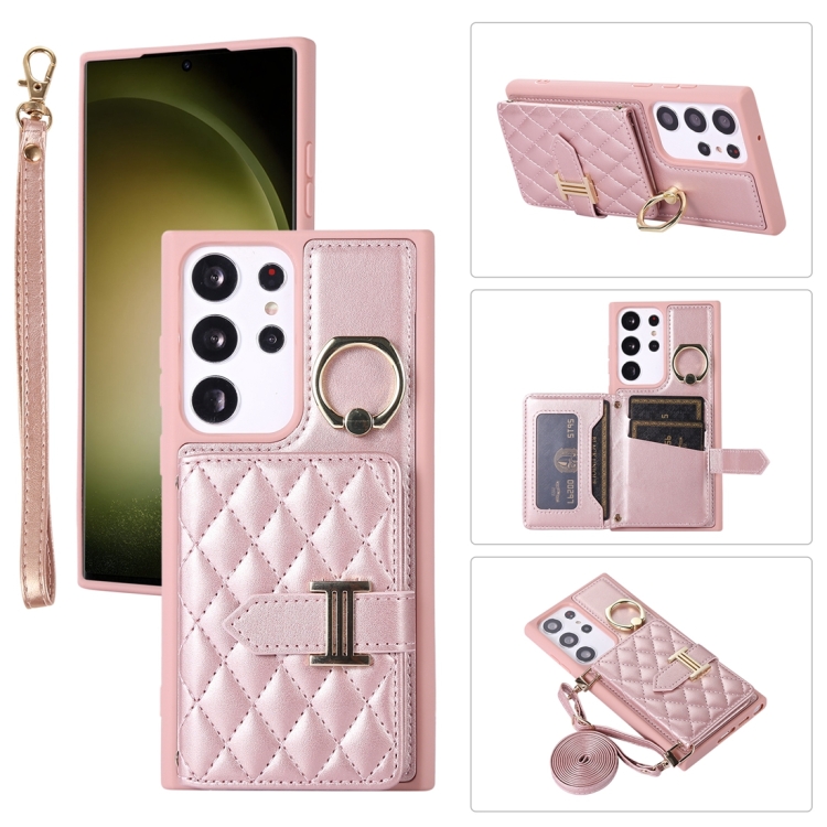 

For Samsung Galaxy S23 Ultra 5G Horizontal Card Bag Ring Holder Phone Case with Dual Lanyard(Rose Gold)