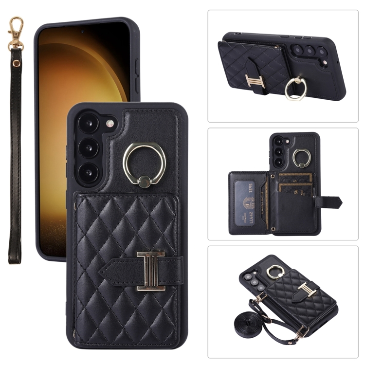 

For Samsung Galaxy S23+ 5G Horizontal Card Bag Ring Holder Phone Case with Dual Lanyard(Black)