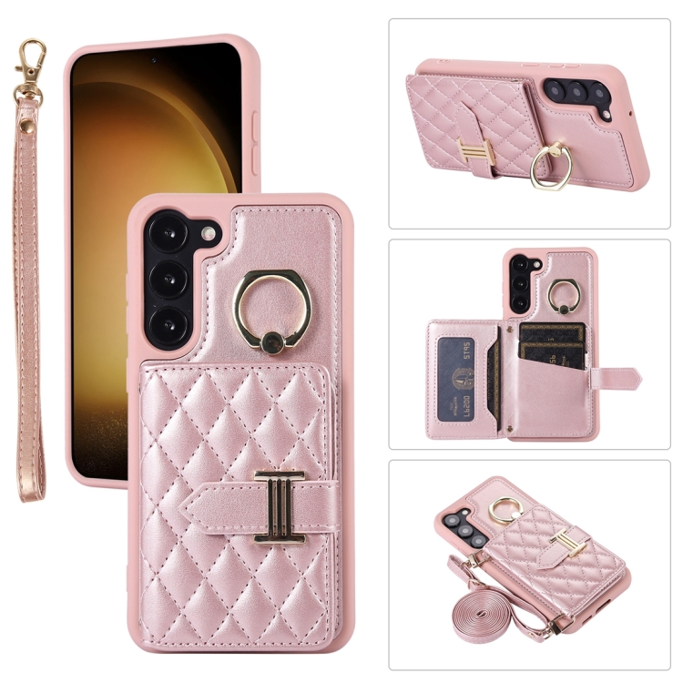 

For Samsung Galaxy S23+ 5G Horizontal Card Bag Ring Holder Phone Case with Dual Lanyard(Rose Gold)