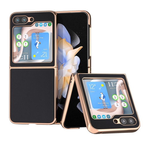 

For Samsung Galaxy Z Flip5 Genuine Leather Silk Series Nano Plating Phone Case(Black)