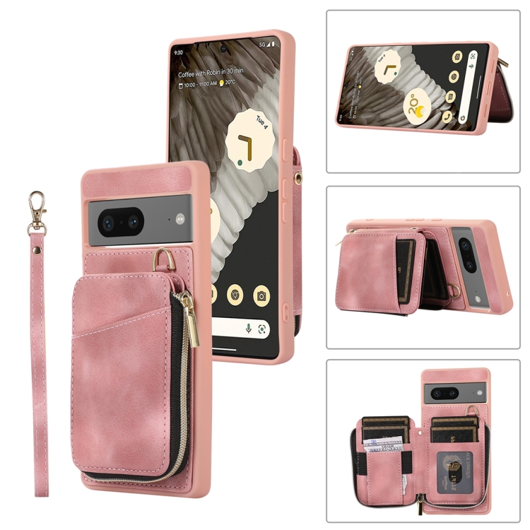 

For Google Pixel 7a Zipper Card Bag Back Cover Phone Case(Pink)