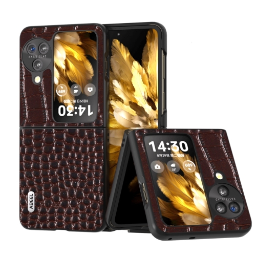 

For OPPO Find N3 Flip ABEEL Genuine Leather Crocodile Pattern Black Edge Phone Case(Coffee)