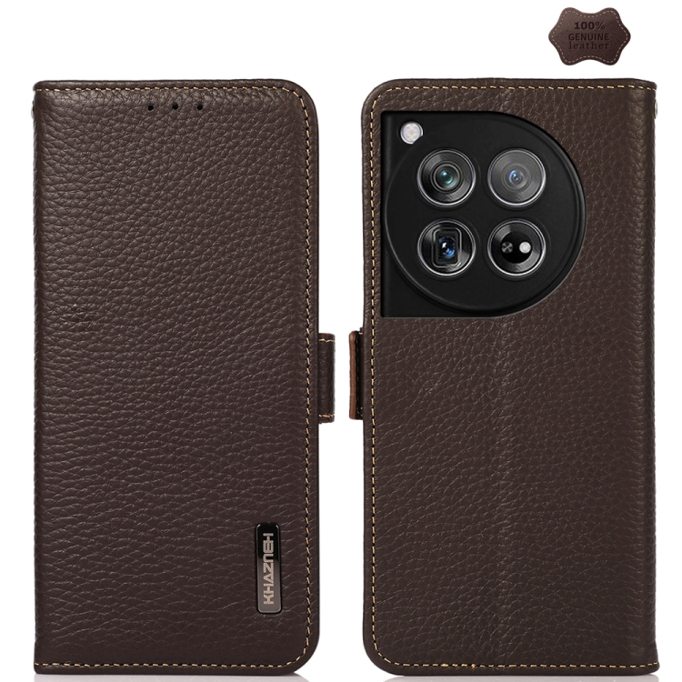 

For OnePlus 12 KHAZNEH Side-Magnetic Litchi Genuine Leather RFID Phone Case(Brown)