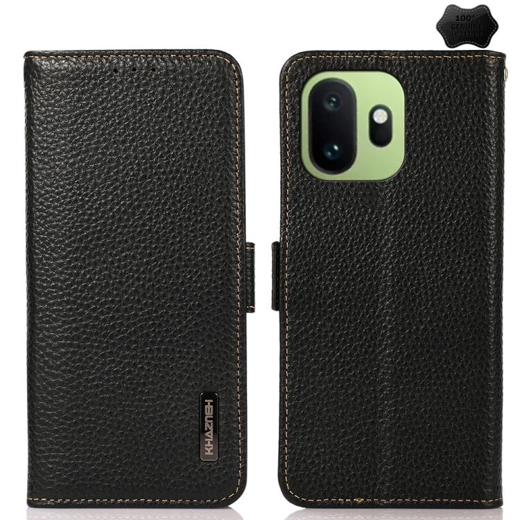 

For OnePlus 15T KHAZNEH Side-Magnetic Litchi Genuine Leather RFID Phone Case(Black)