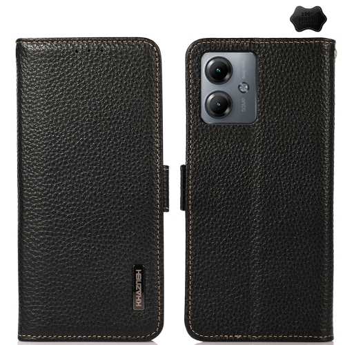 

For Motorola Moto G14 4G KHAZNEH Side-Magnetic Litchi Genuine Leather RFID Phone Case(Black)