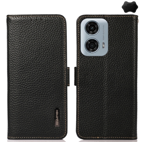 

For Motorola Moto G24 KHAZNEH Side-Magnetic Litchi Genuine Leather RFID Phone Case(Black)