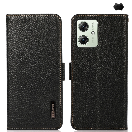 

For Motorola Moto G64 5G KHAZNEH Side-Magnetic Litchi Genuine Leather RFID Phone Case(Black)