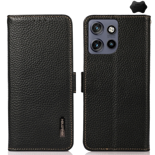 

For Motorola Edge 50 5G KHAZNEH Side-Magnetic Litchi Genuine Leather RFID Phone Case(Black)