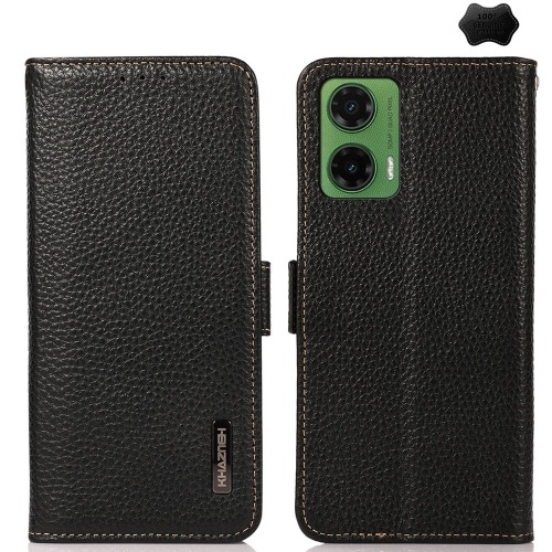 

For Motorola Moto G35 KHAZNEH Side-Magnetic Litchi Genuine Leather RFID Phone Case(Black)