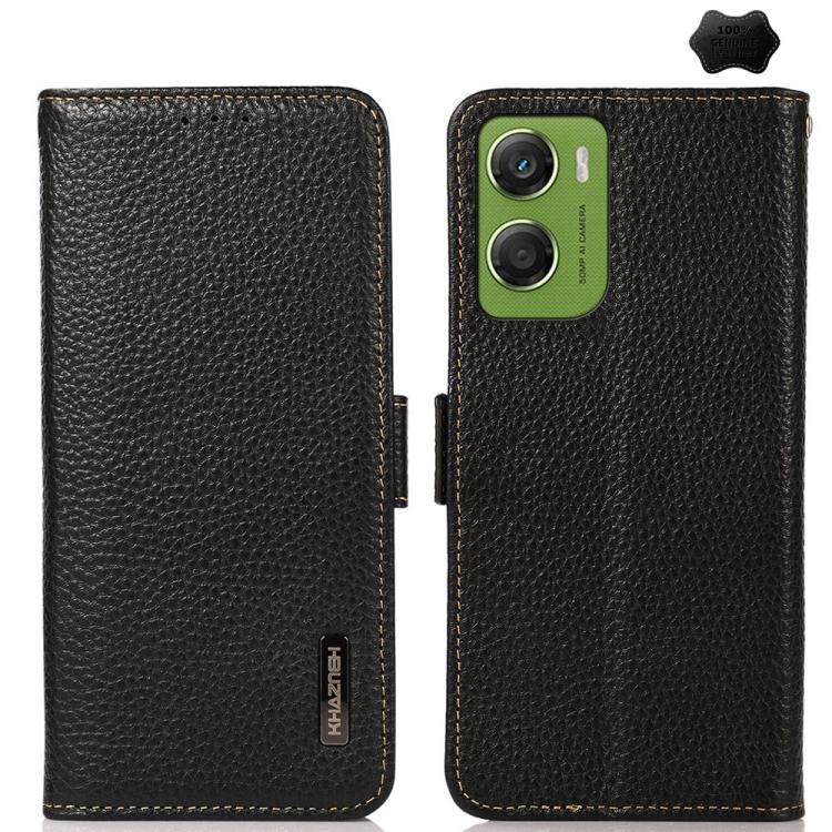 

For Motorola Moto G06 4G KHAZNEH Side-Magnetic Litchi Genuine Leather RFID Phone Case(Black)