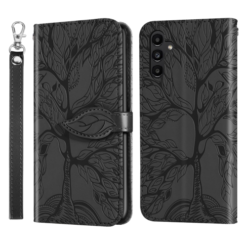 For Samsung Galaxy A25 5G Life Tree Embossing Pattern Leather Phone Case(Black) for realme c67 4g global 7 petal flowers embossing leather phone case rose gold