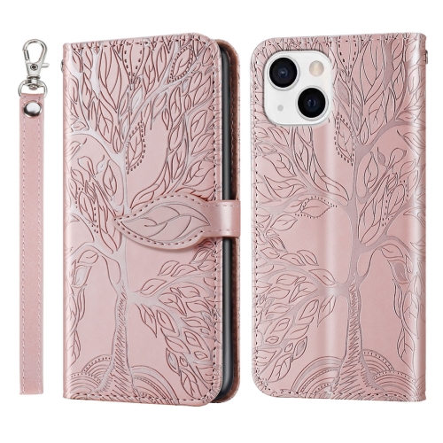 

For iPhone 15 Life Tree Embossing Pattern Leather Phone Case(Rose Gold)