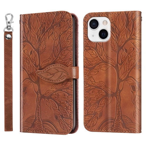 

For iPhone 15 Life Tree Embossing Pattern Leather Phone Case(Brown)