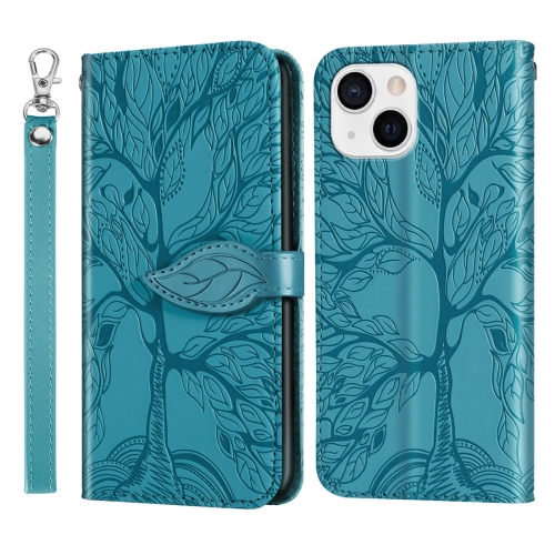 

For iPhone 15 Plus Life Tree Embossing Pattern Leather Phone Case(Blue)