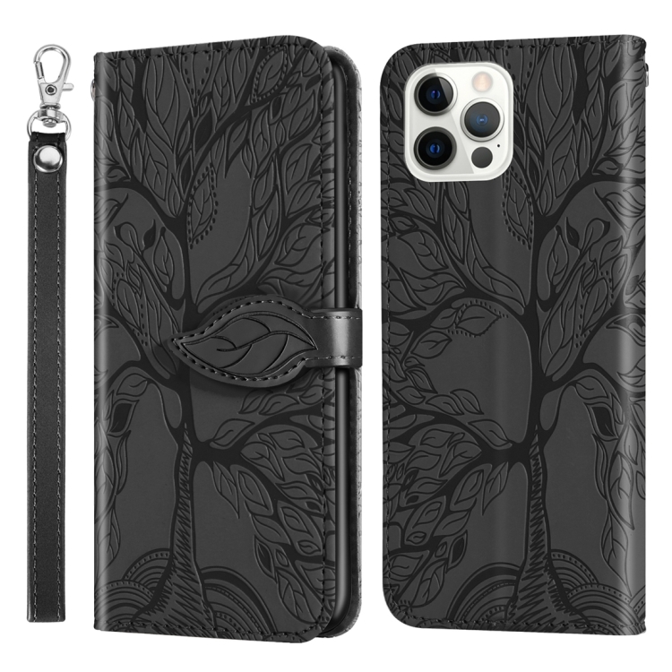 

For iPhone 15 Pro Life Tree Embossing Pattern Leather Phone Case(Black)
