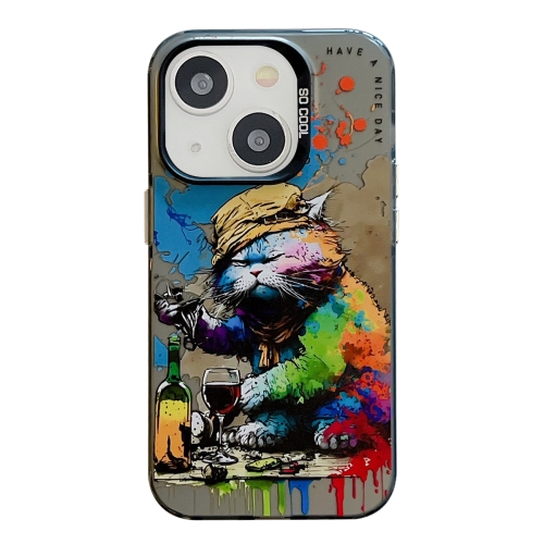 

For iPhone 13 Animal Pattern Oil Painting Series PC + TPU Phone Case(Drinking Cat)