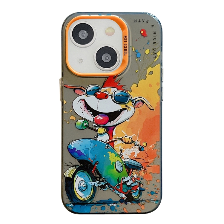 

For iPhone 14 Animal Pattern Oil Painting Series PC + TPU Phone Case(Motorcycle Dog)
